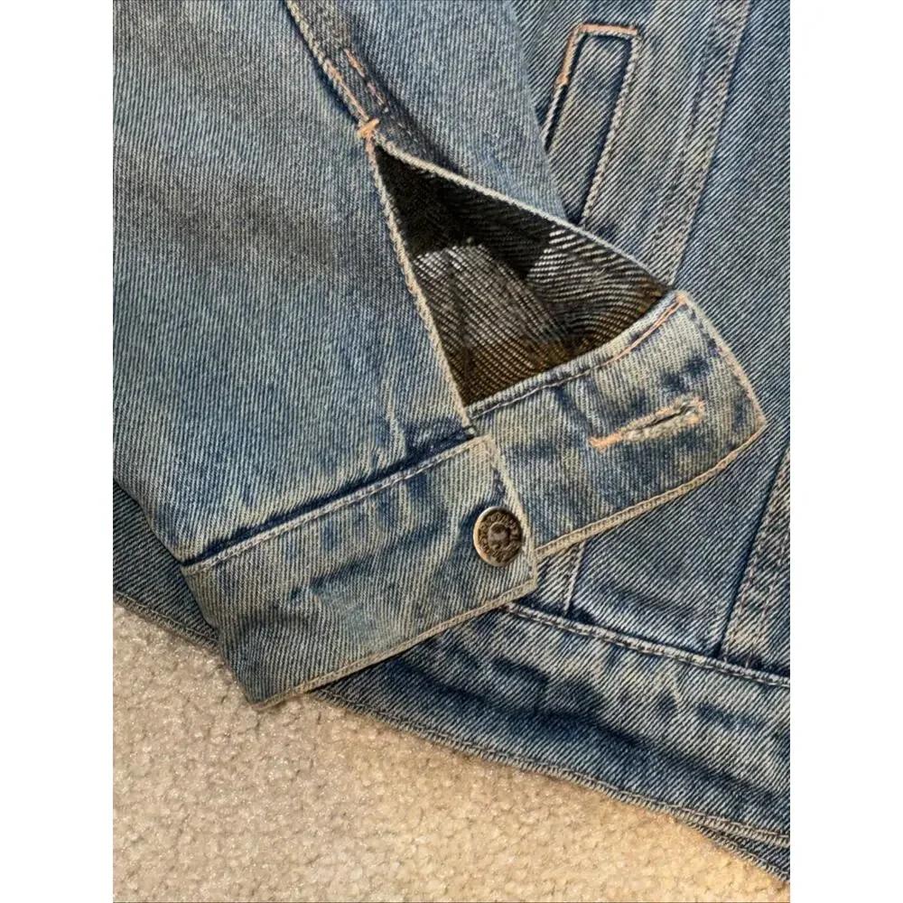 Vintage Men's Wrangler Plaid Flannel Lined Denim Western Trucker Jacket Sz L